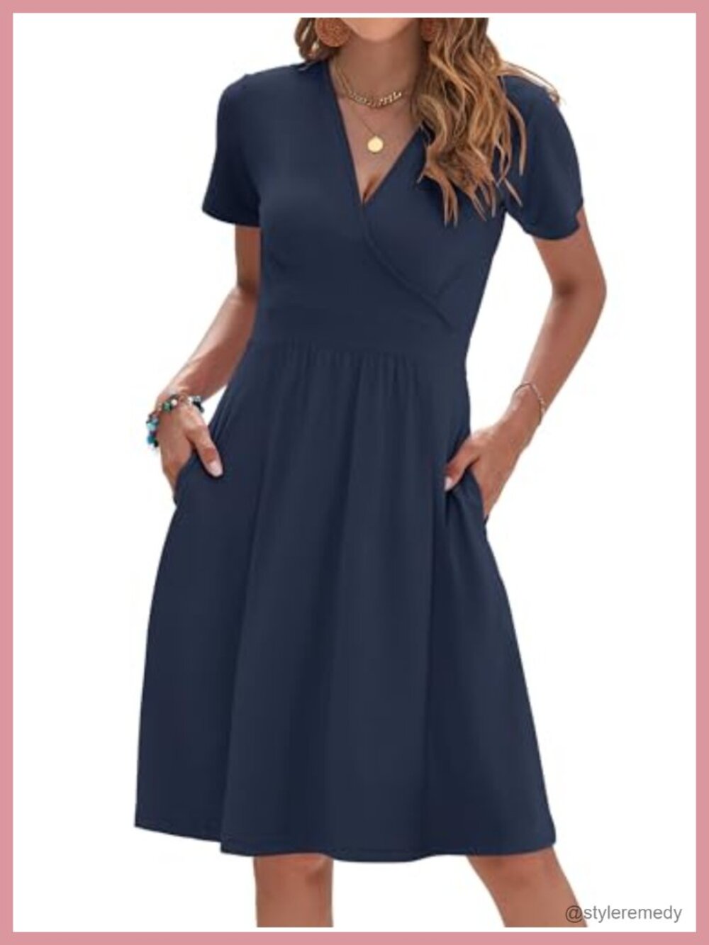 Womens Summer Short Sleeve V Neck Faux Wrap Dress Knee Length